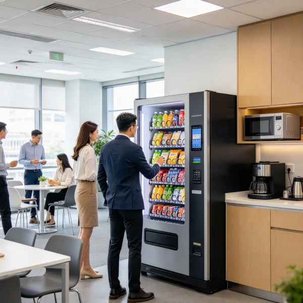 Office break room with employees using a vending machine