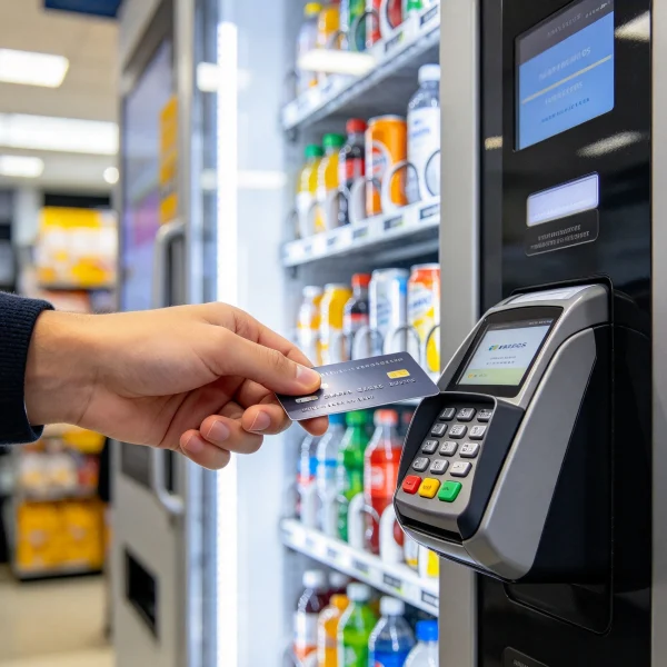 Customer tapping a credit card on a vending machine reader