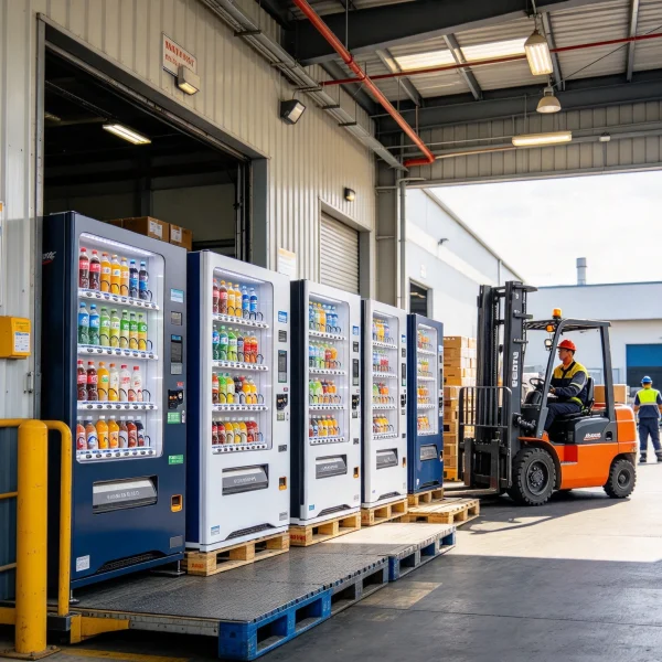 Warehouse loading dock with vending machines on pallets