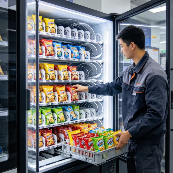 Operator restocking snack shelves inside a vending machine