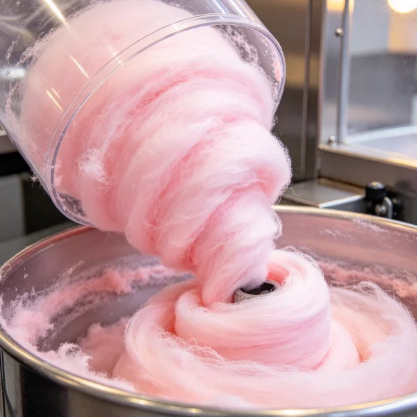 pastel pink floss sugar being poured into a machine hopper