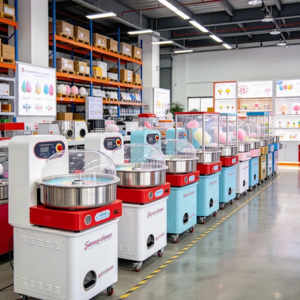 row of cotton candy machines in a supplier warehouse showroom