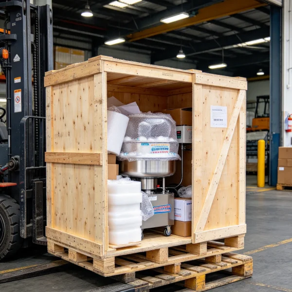 wooden shipping crate opened at a warehouse loading dock