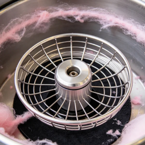 close-up of a stainless steel spinner head inside a candy machine