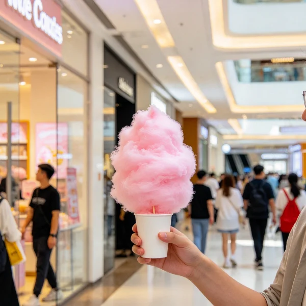 customer holding a pink cotton candy cup in a busy shopping mall