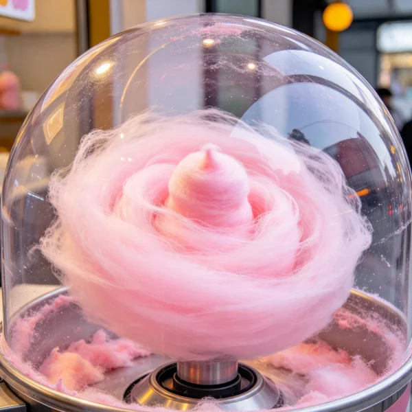 Pink sugar strands spinning inside a glass vending dome