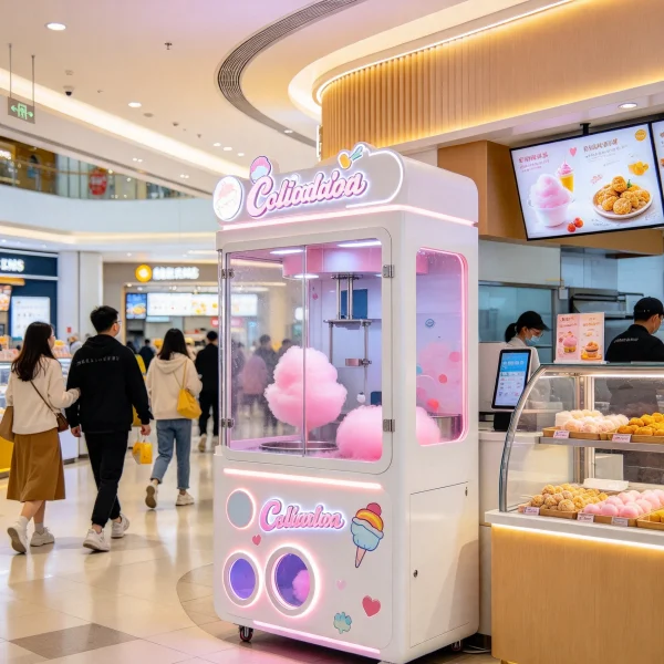 Cotton candy vending machine beside a crowded mall food court