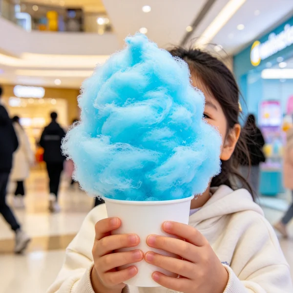 Bright blue cotton candy in a paper cup held by a child