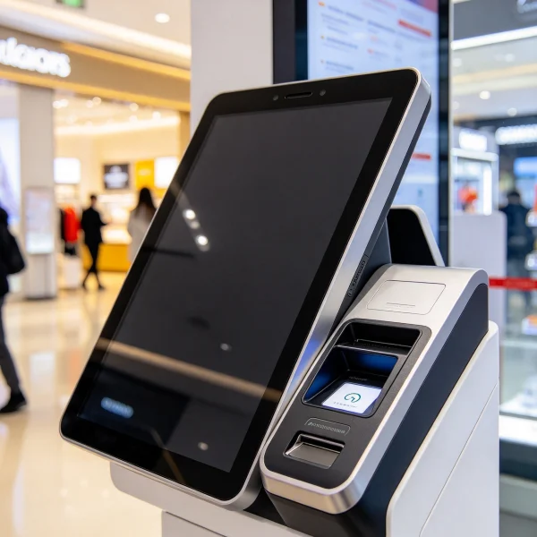 Card reader and touchscreen on a mall vending kiosk