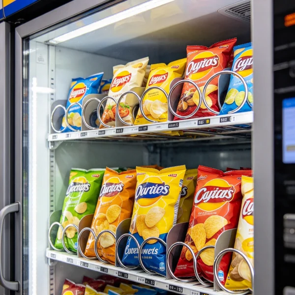 close-up of spiral coils holding chip bags inside a vending machine