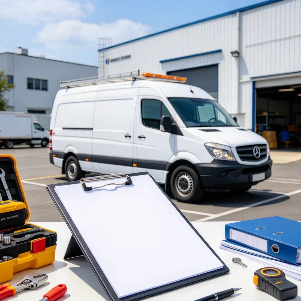 startup cost checklist on a clipboard beside a service van