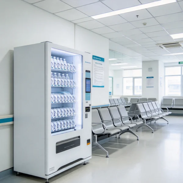 vending machine in a bright hospital waiting area with rows of empty chairs