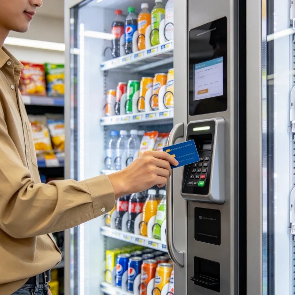 customer tapping a credit card on a vending machine card reader