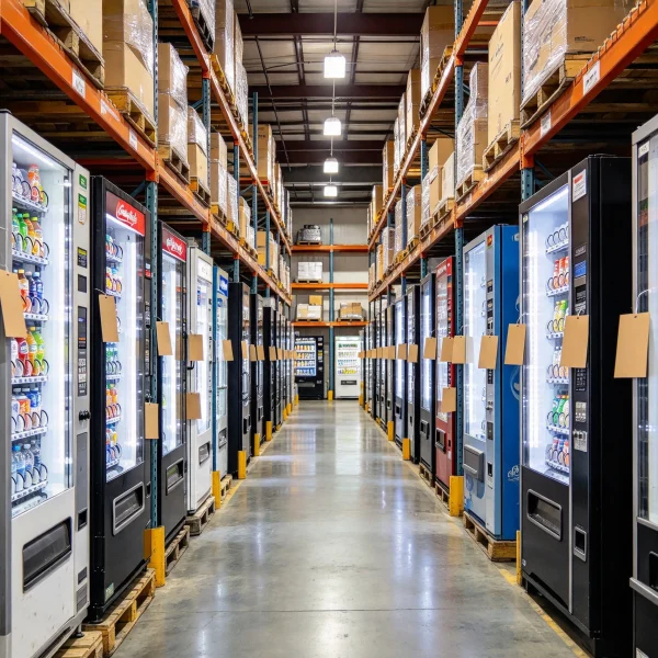 warehouse row of used vending machines with paper tags