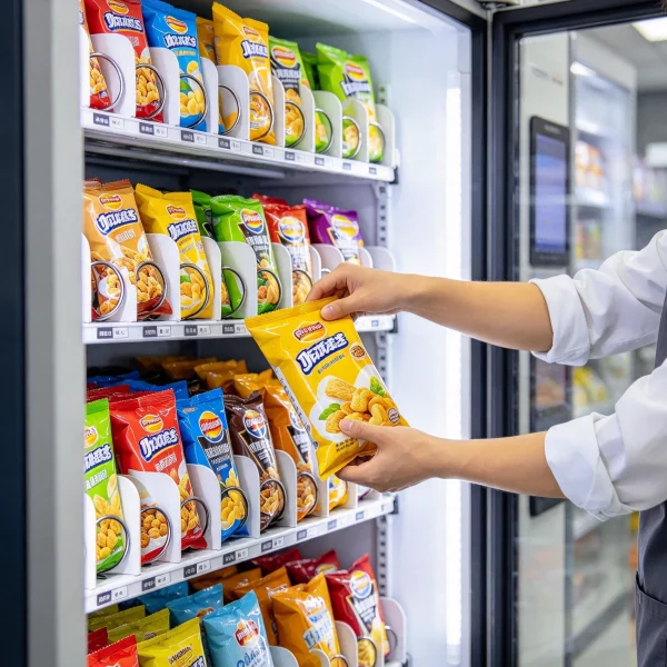 hands restocking snack bags on vending machine shelves