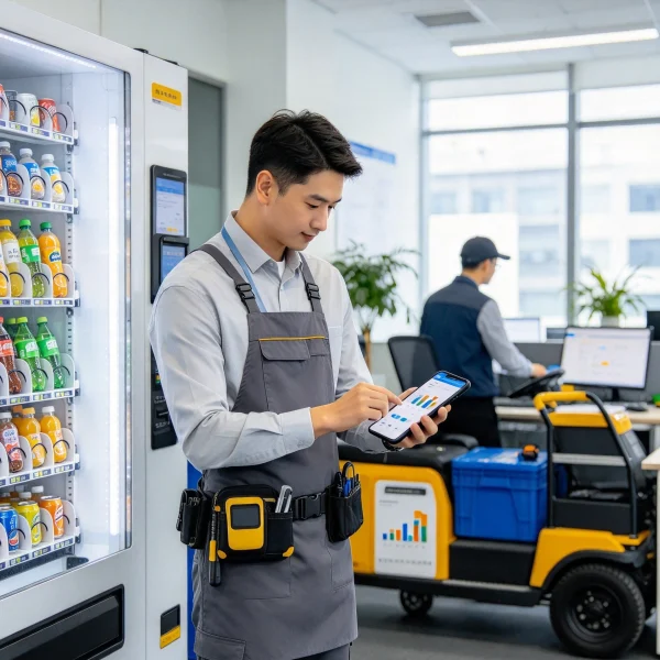 operator checking vending machine sales dashboard on a phone
