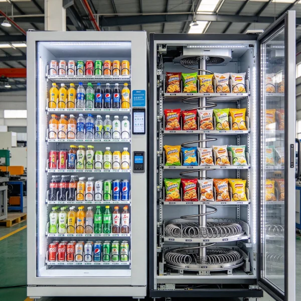 Interior of combo vending machine with drink and snack shelves