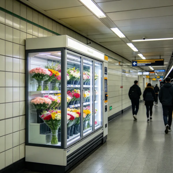 Metro station platform with a flower kiosk against the tiled wall