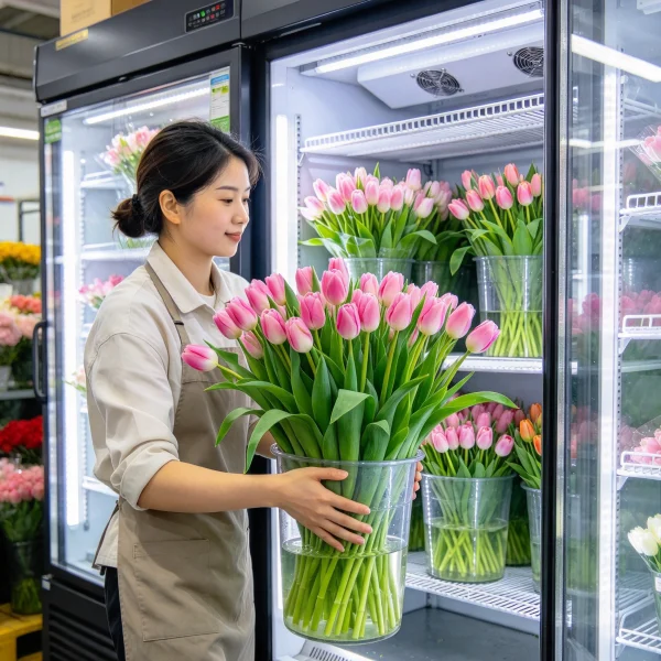 Operator restocking buckets of fresh tulips into a refrigerated machine