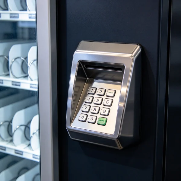 Card reader and keypad mounted on the side panel of a vending machine