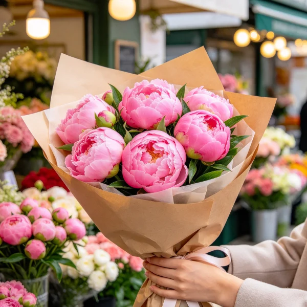 Bouquet of pink peonies wrapped in kraft paper held by a customer