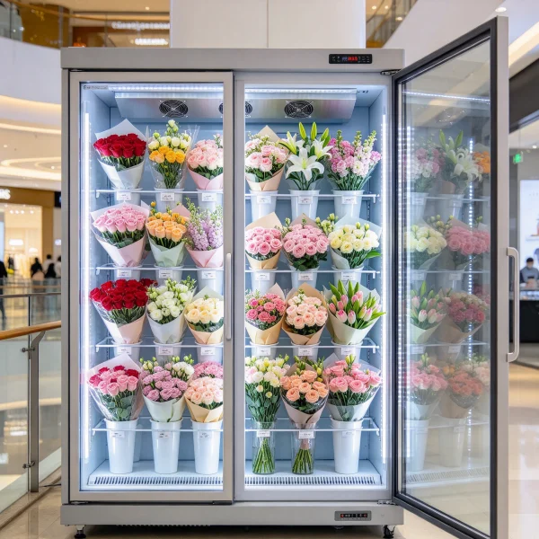 Open glass door of a refrigerated flower vending machine full of bouquets