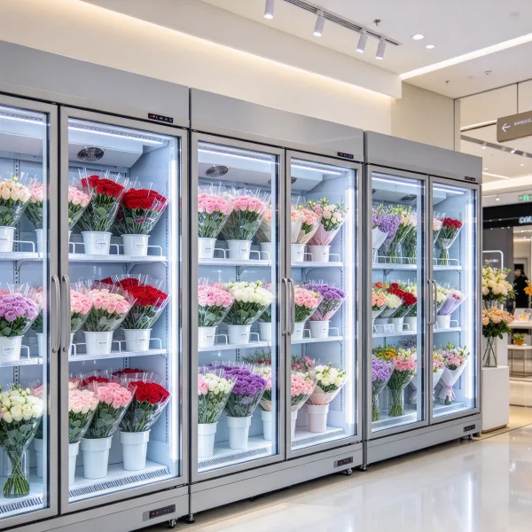Showroom row of three refrigerated flower vending machines side by side