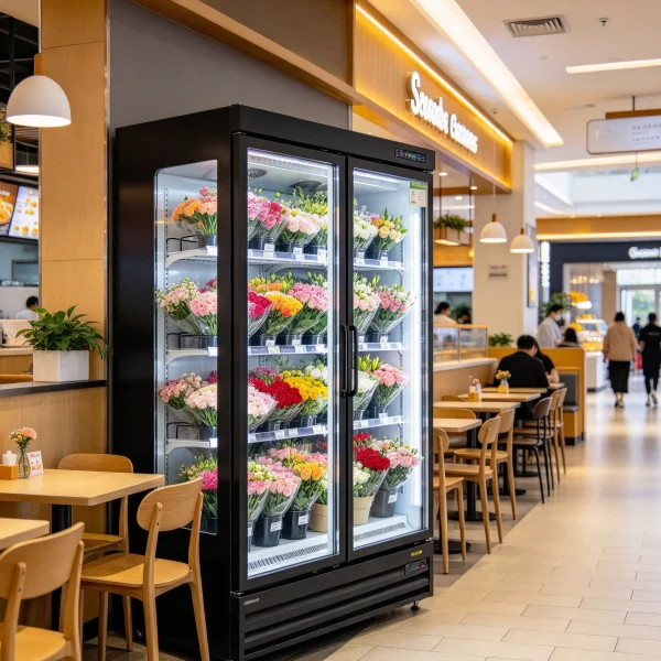 Flower vending machine placed near a shopping mall food court seating area