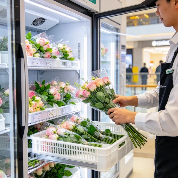 Operator restocking fresh wrapped bouquets into a cold vending cabinet tray