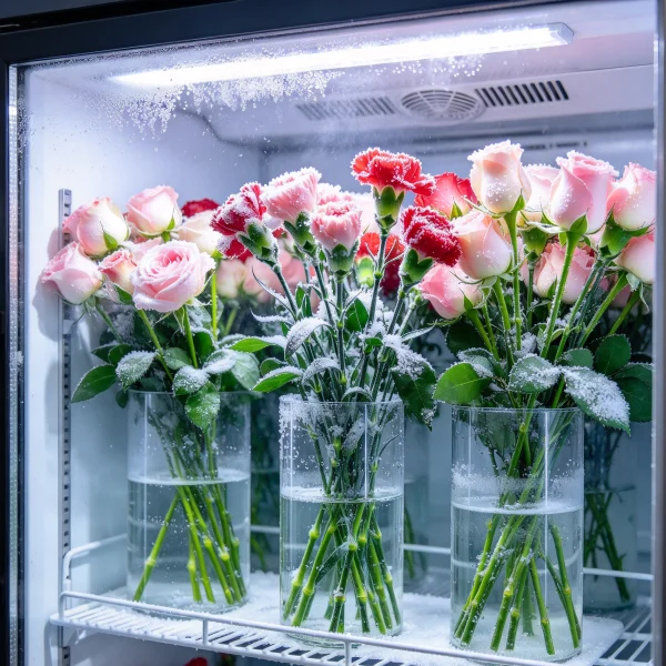 Close-up of flower stems standing in water inside a chilled vending display