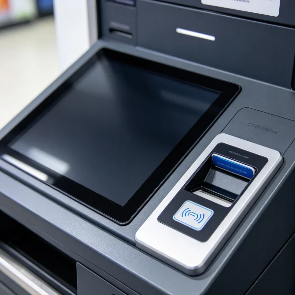 close up of a card reader and touchscreen on a vending cabinet