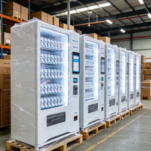 row of new vending cabinets wrapped in plastic in a warehouse