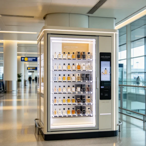 perfume vending kiosk in a bright airport terminal corridor