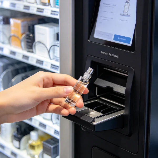 hand holding a small 10 ml perfume bottle at a machine pickup tray