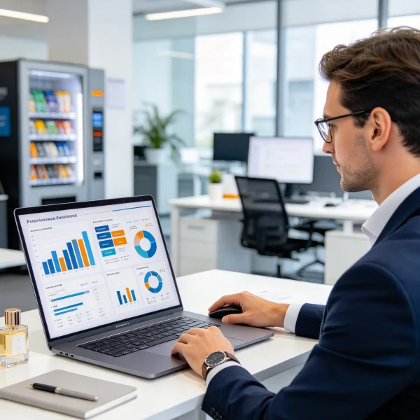 buyer comparing vending machine spec sheets on a laptop