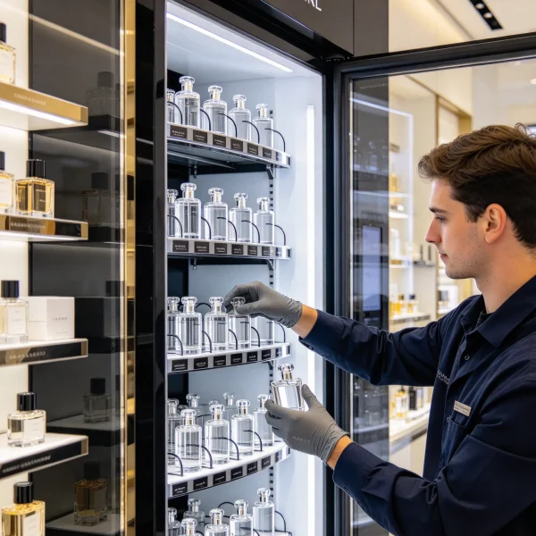 technician restocking small perfume bottles into a kiosk shelf
