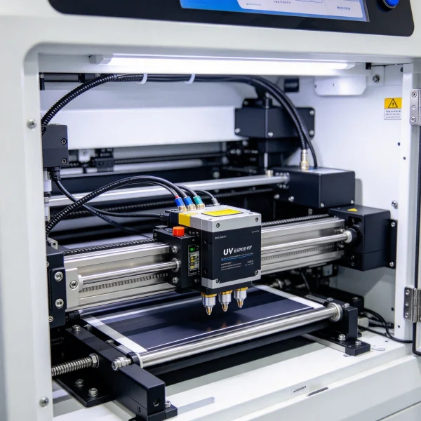 UV print head and rail inside an open vending cabinet