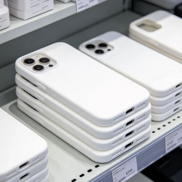 stack of blank white phone cases on a shelf