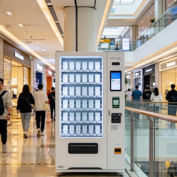 phone case kiosk standing in a busy mall corridor