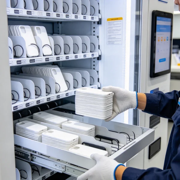 operator restocking blank phone cases into the machine