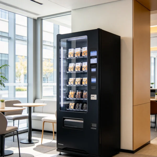 A black coffee vending machine in an office break room near a window