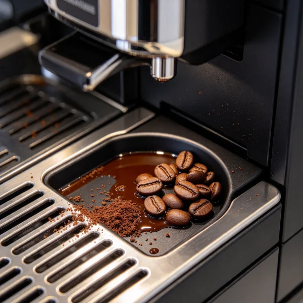 A coffee vending machine drip tray with a few spilled coffee beans