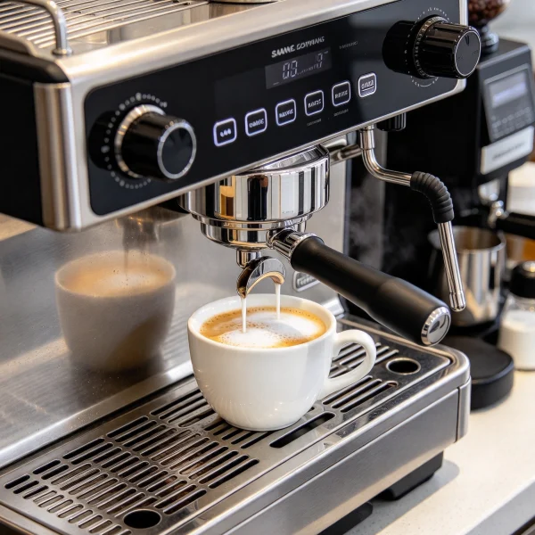A bean-to-cup coffee machine with a milk frother and a cup under the spout