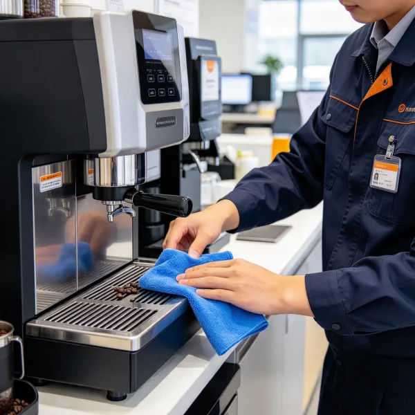 An operator wiping a coffee machine drip tray with a microfiber cloth