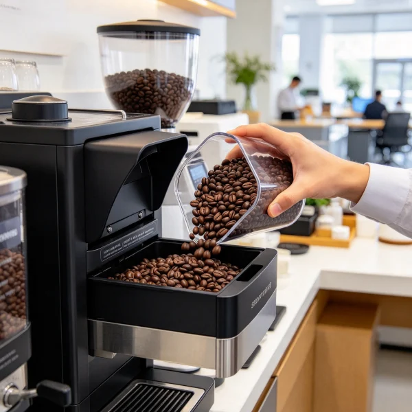 A person refilling coffee beans into a vending machine hopper