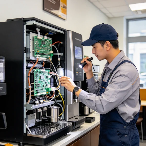 A technician inspecting a used coffee vending machine with an open front panel