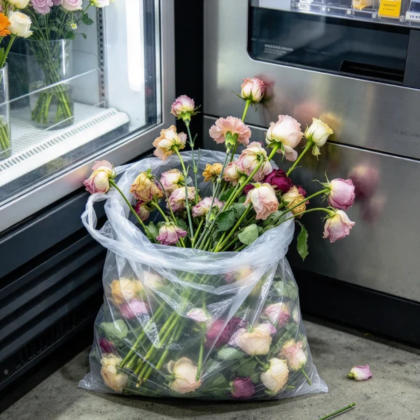 Shopper picking bouquets from a flower vending machine