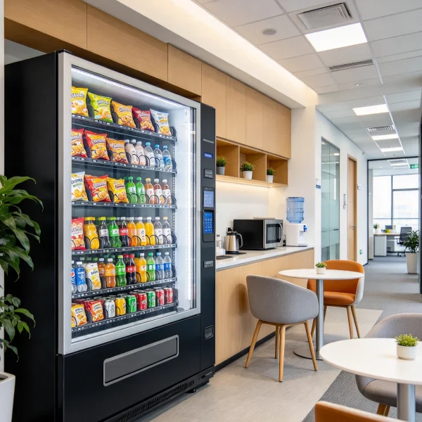 a glass-front snack and drink vending machine in an office break room