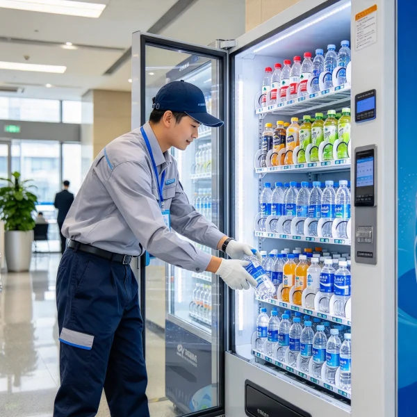 a route driver restocking bottled drinks into a vending machine