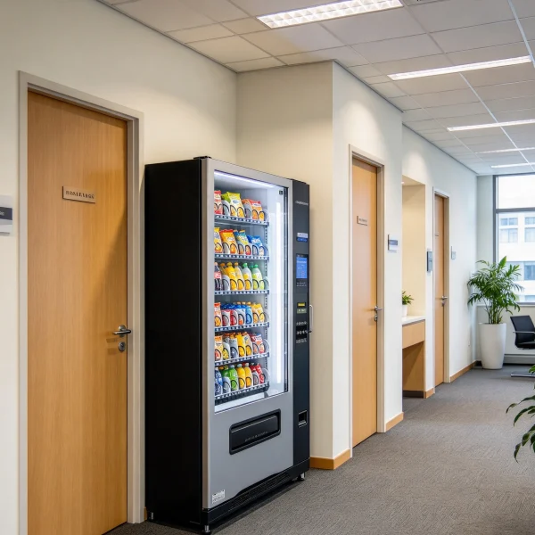 an office corridor with a vending machine beside the break room door